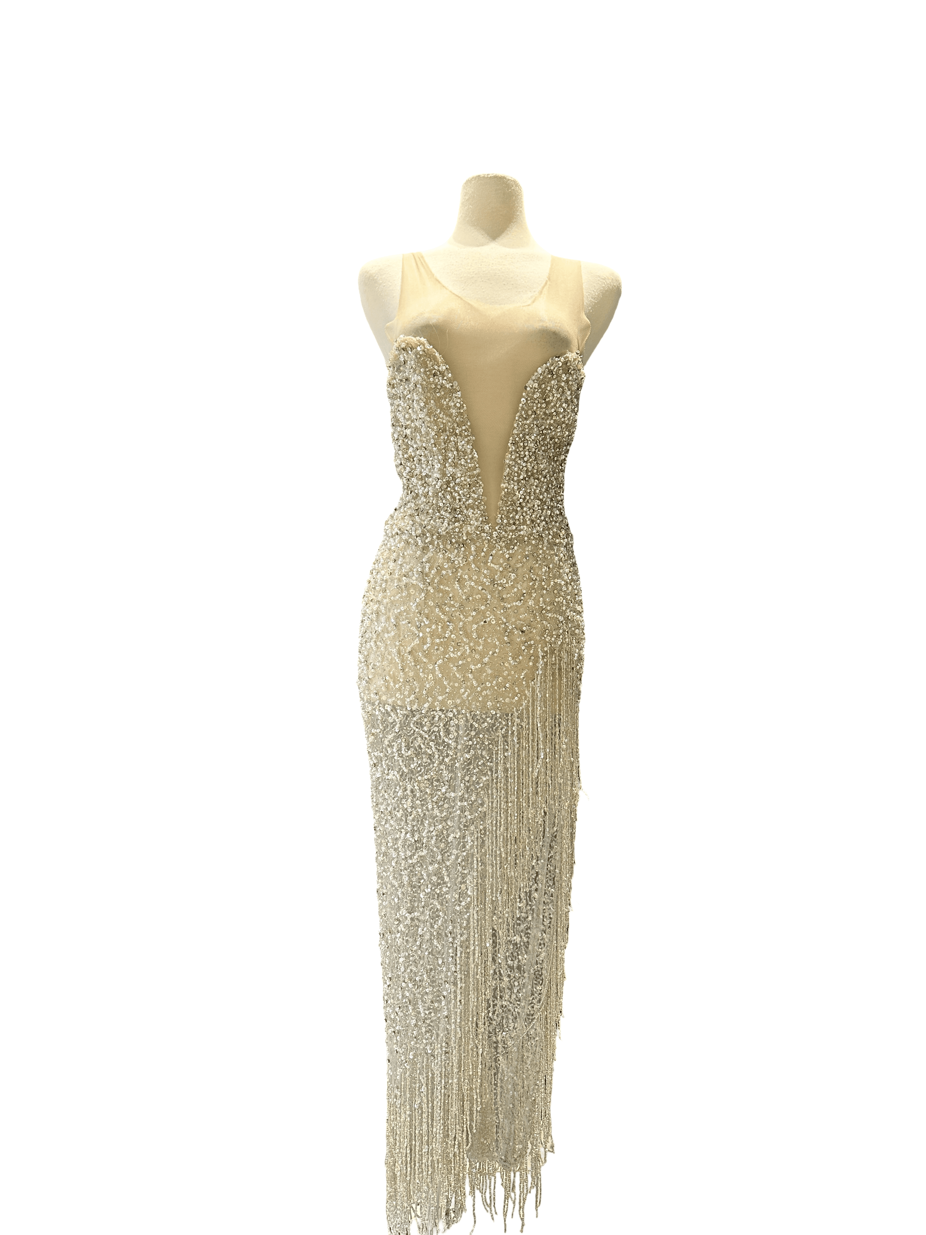 Crystal Embellished Illusion Fringe Gown