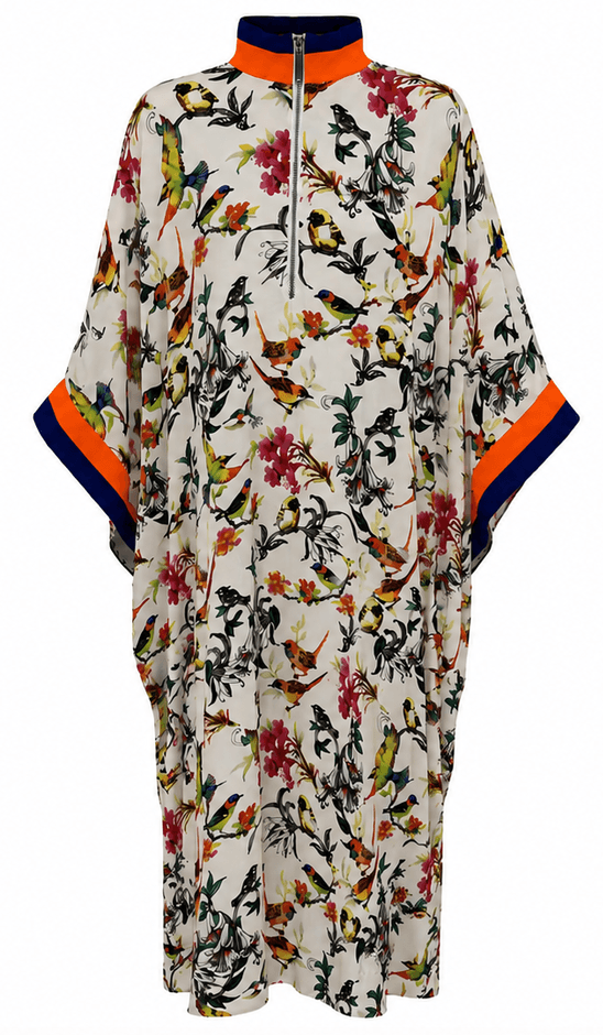 Ivory Botanical Bird Caftan Dress