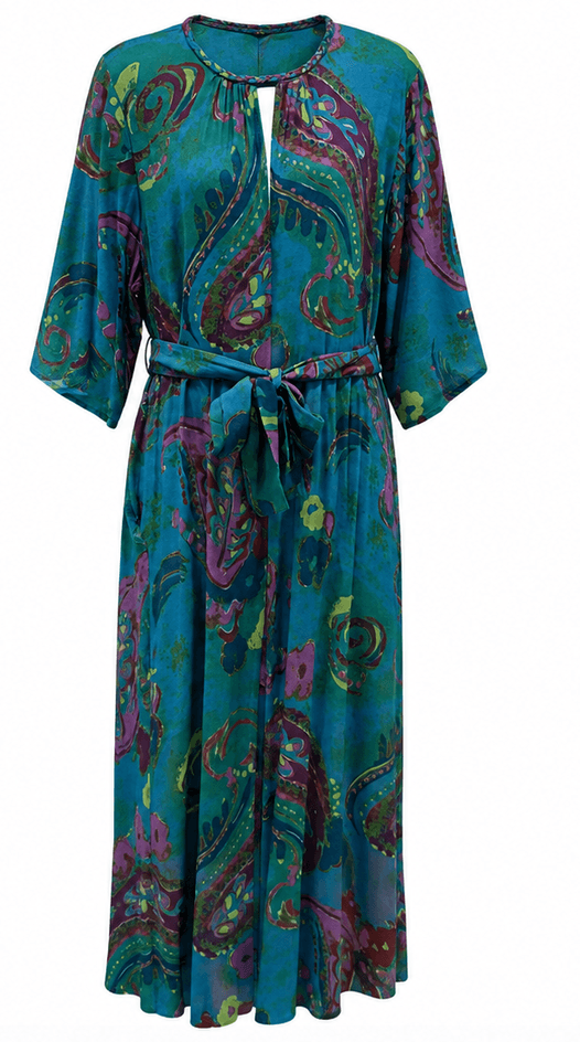 Turquoise Paisley Belted Dress 
