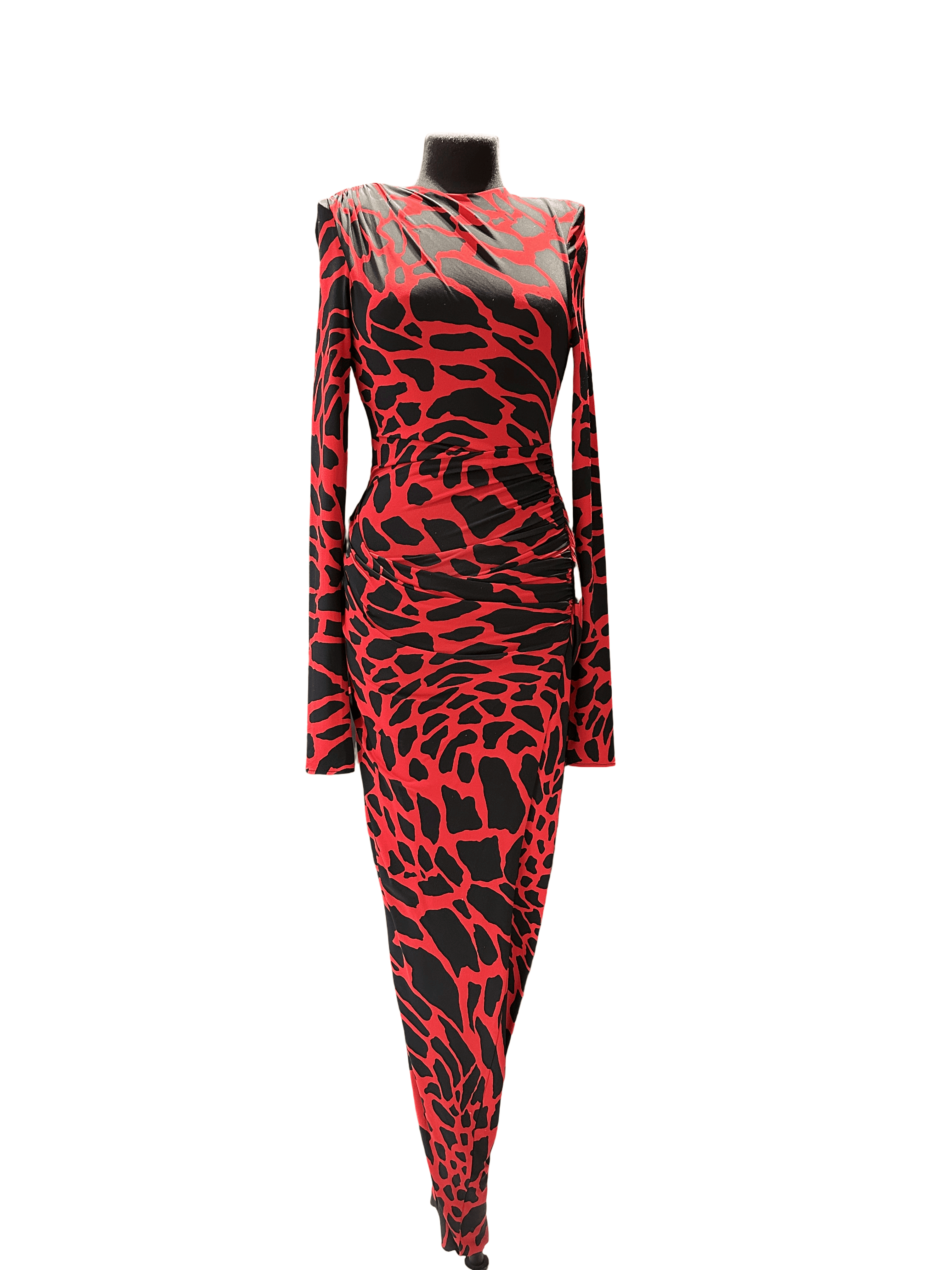 Red & Black Abstract Print Ruched Dress