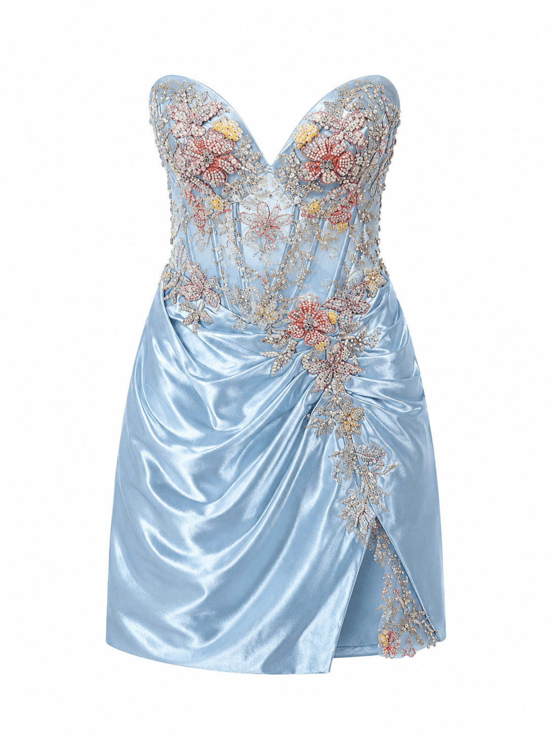 Floral Powder Blue Silk Corset Mini Dress 
