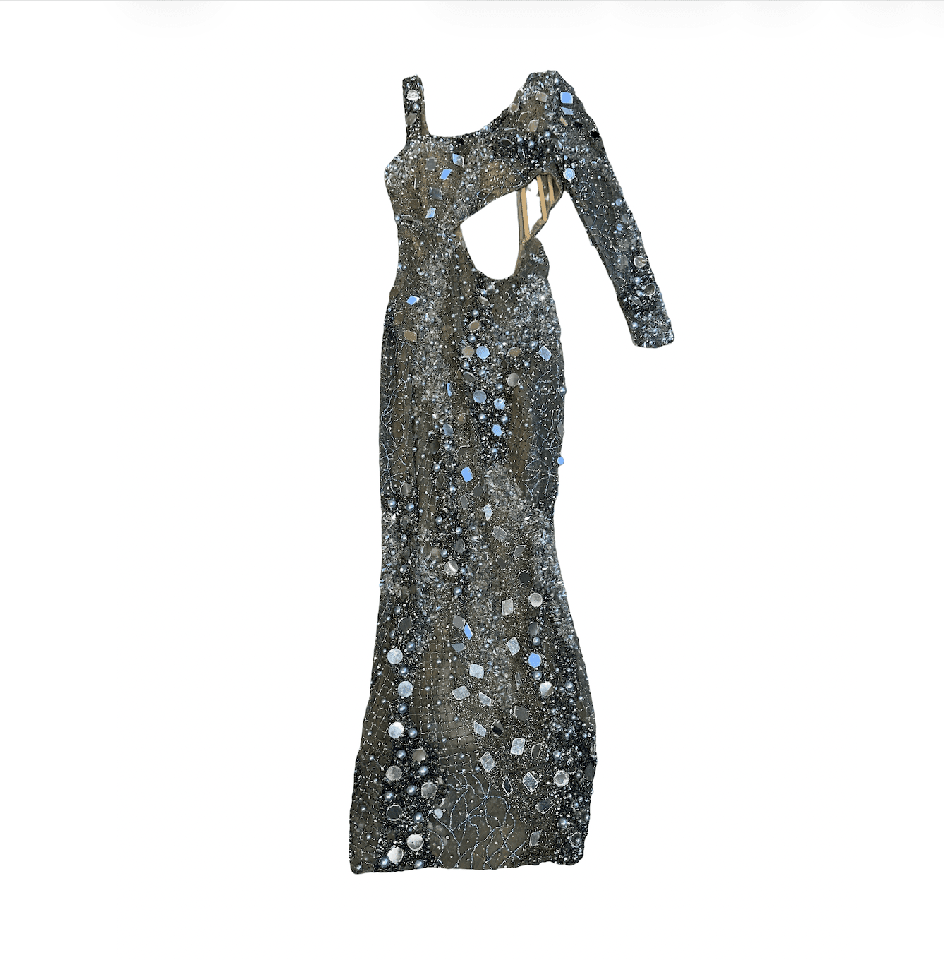 One-Sleeve Mirror-Embellished Evening Gown