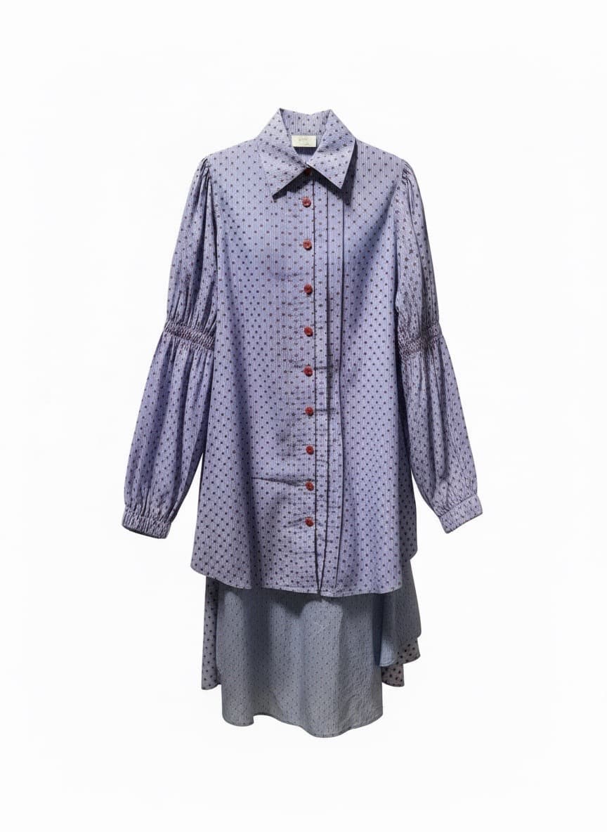 Blue Pinstripe & Red Speck Button-Up Dress 