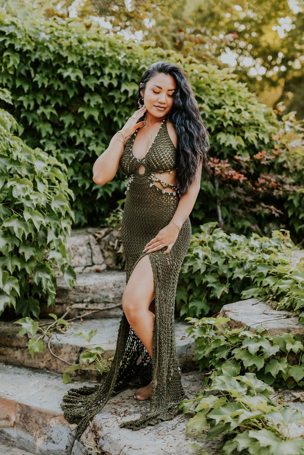 Green Crochet Dress with Sea Shells