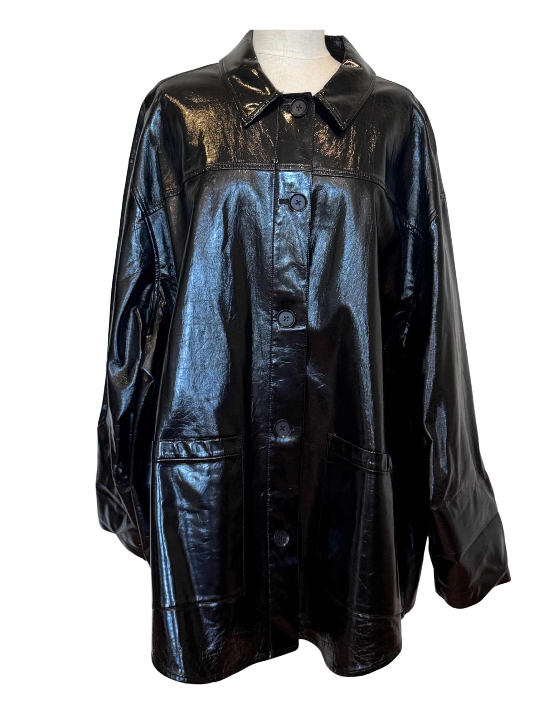 Oversized Glossy Black Faux Leather Shirt Jacket