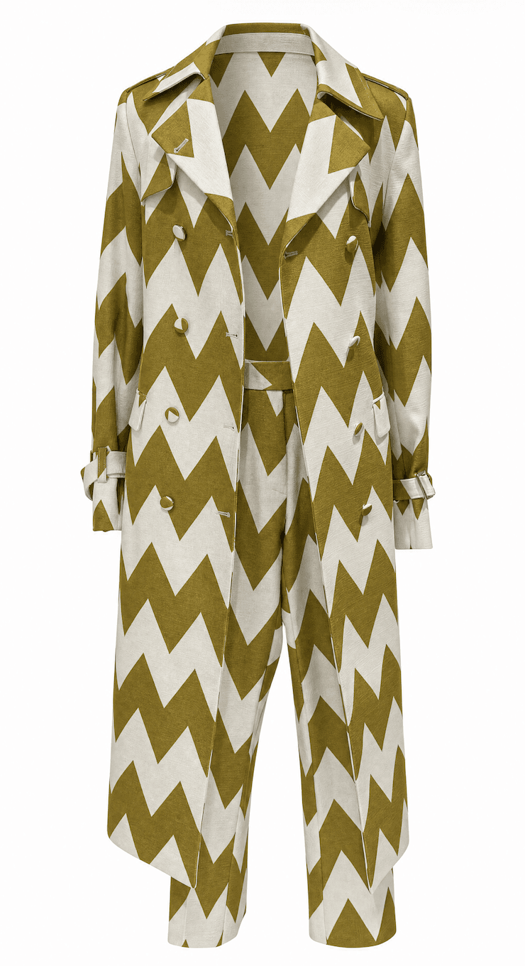 Elegant Yellow Gold And White Zig-Zag Set With Long Belted Trench Coat. 