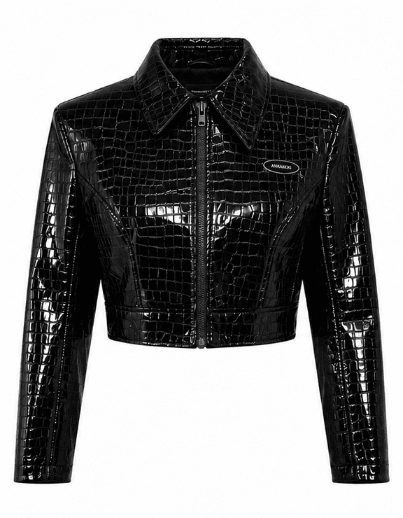 Black Croc-Embossed Cropped Jacket 