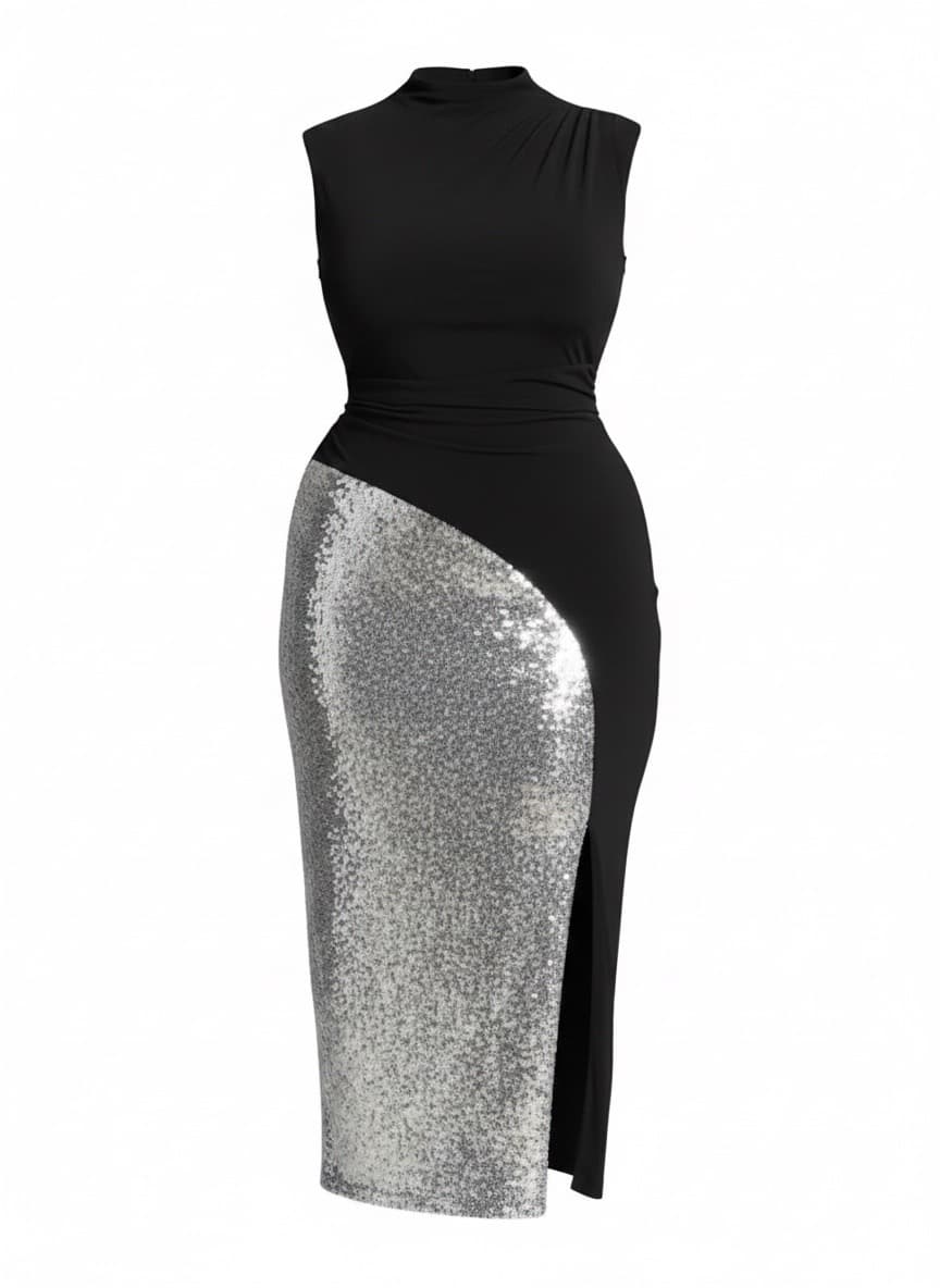 Funnel Neck Knit Dress With Sequin