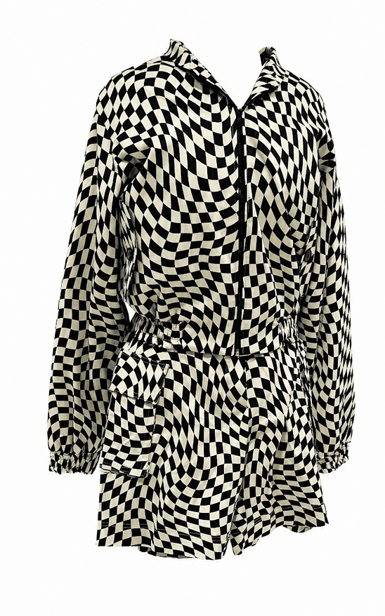Bomber Jacket Chekered Set With Shorts 