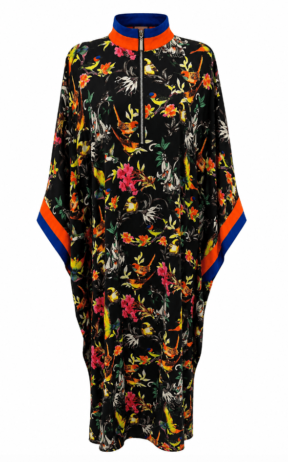 Black Botanical Bird Caftan Dress