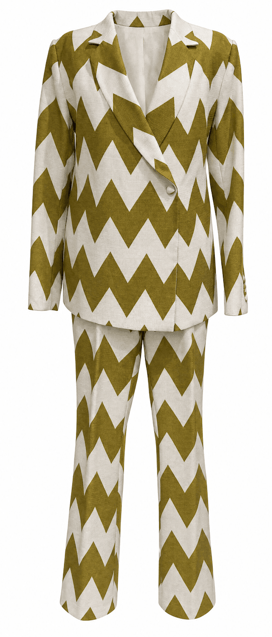 Elegant Gold and White Zig-Zag Blazer Suit Set 
