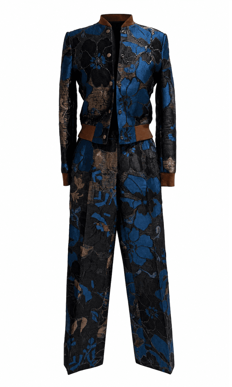 Dark Blue and Brown Brocade Jacquard Two-Piece Metallic Pantsuit 