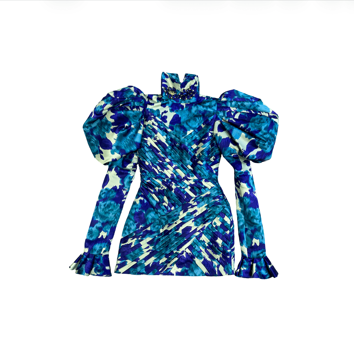 Jewel-Neck Puff-Sleeve Printed Top